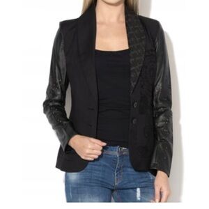 Desigual Black Suit Jacket Leather Sleeve Size 36
